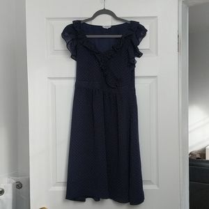 Navy polka dot dress. Alfred Sung.